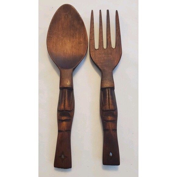 Vintage Large Carved Wooden Fork and Spoon Wall Decor 13" Wood Tiki Totem MCM - Picture 1 of 4